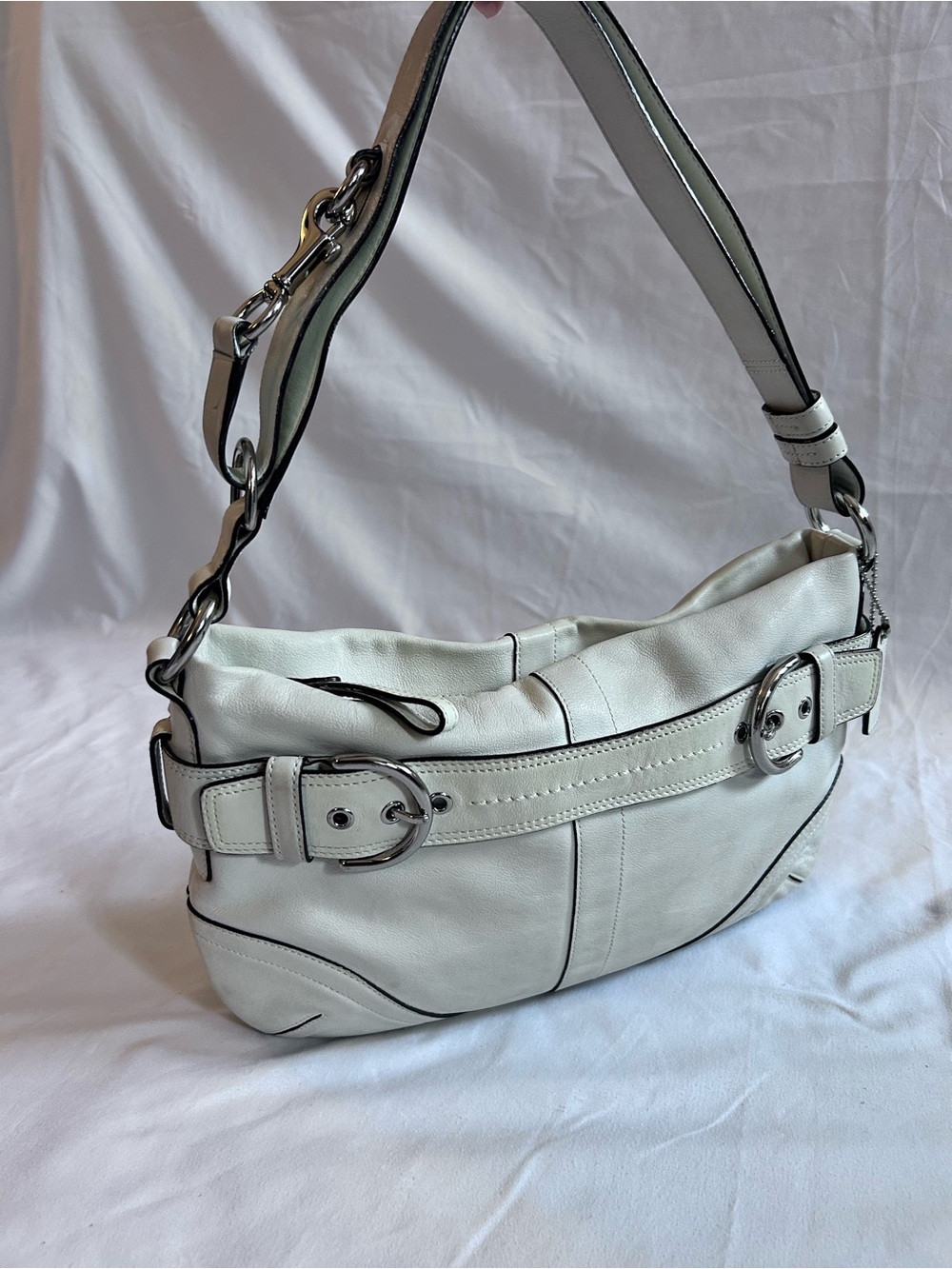 Coach White Leather Shoulder Bag with Silver Buckle Accents